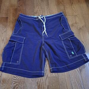 Polo Ralph Lauren Men Navy Blue Swim Trunks Cargo Pockets Embroidered Pony Sz 34